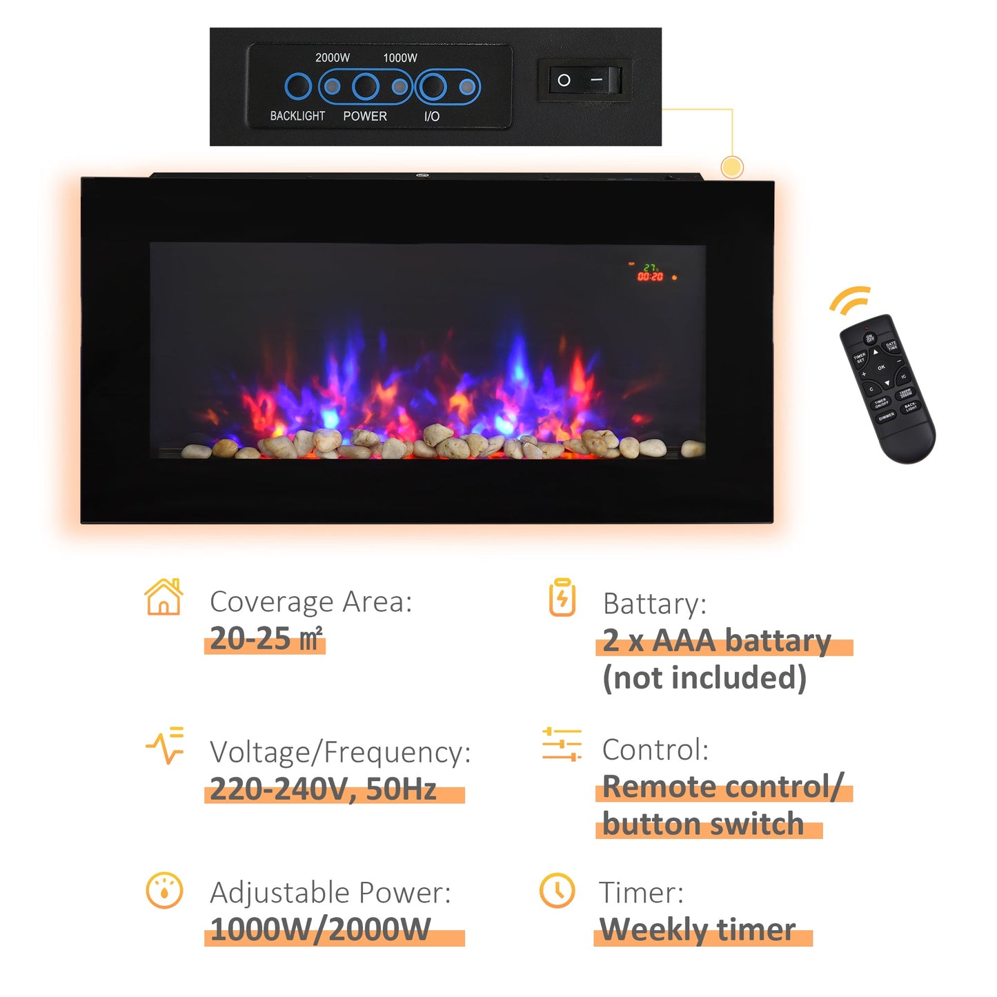 2000W Wall Mounted Tempered Large LED Flat Glass Electric Fireplace Heater Black