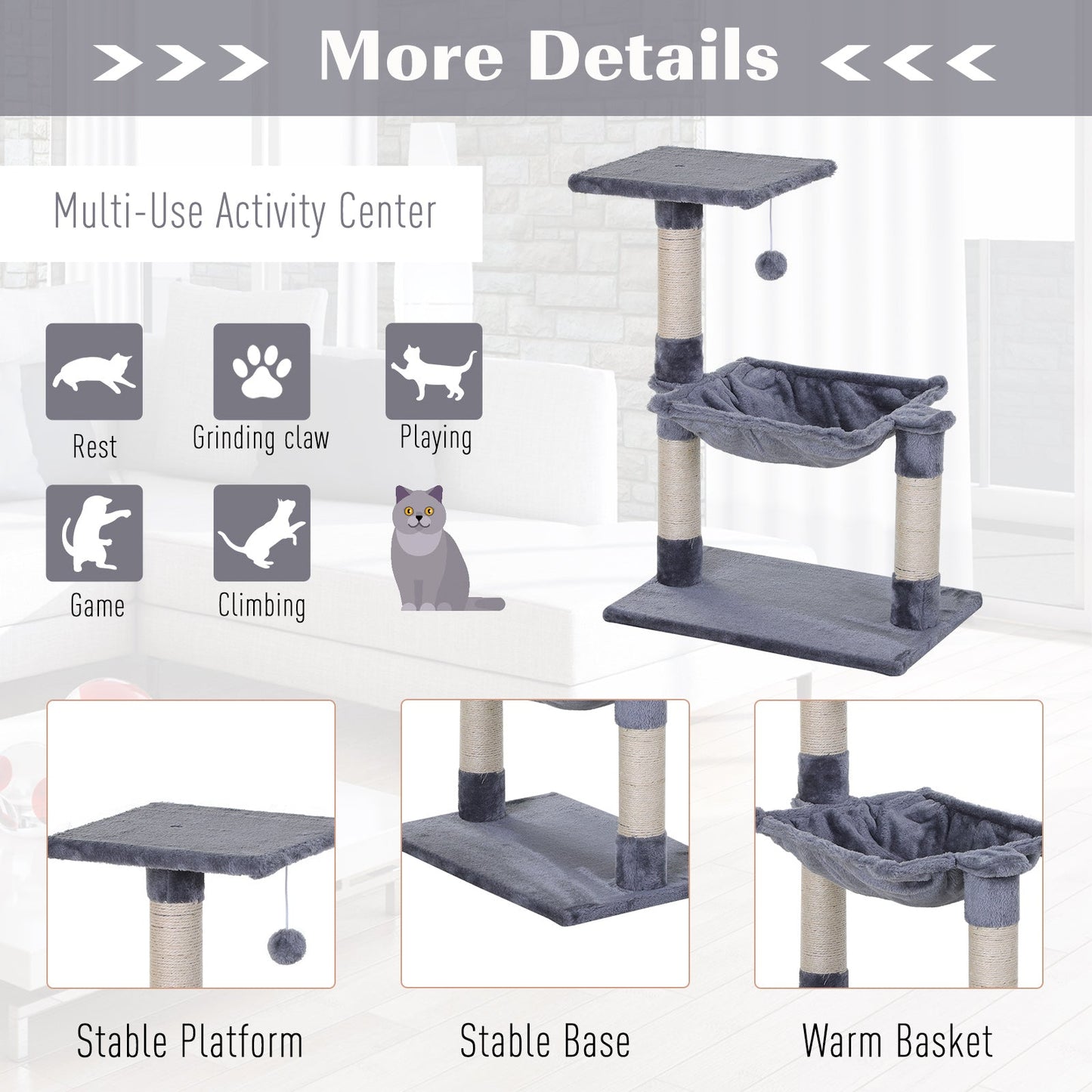 PawHut 70cm Cat Tree for Indoor Cats Durable Natural Sisal Scratching Posts Hammock Bed Kitty Activity Center Grey