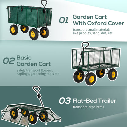 Large 4 Wheel Heavy Duty Garden Cart Truck Trolley Wheelbarrow with Handle and Metal Frame - Green