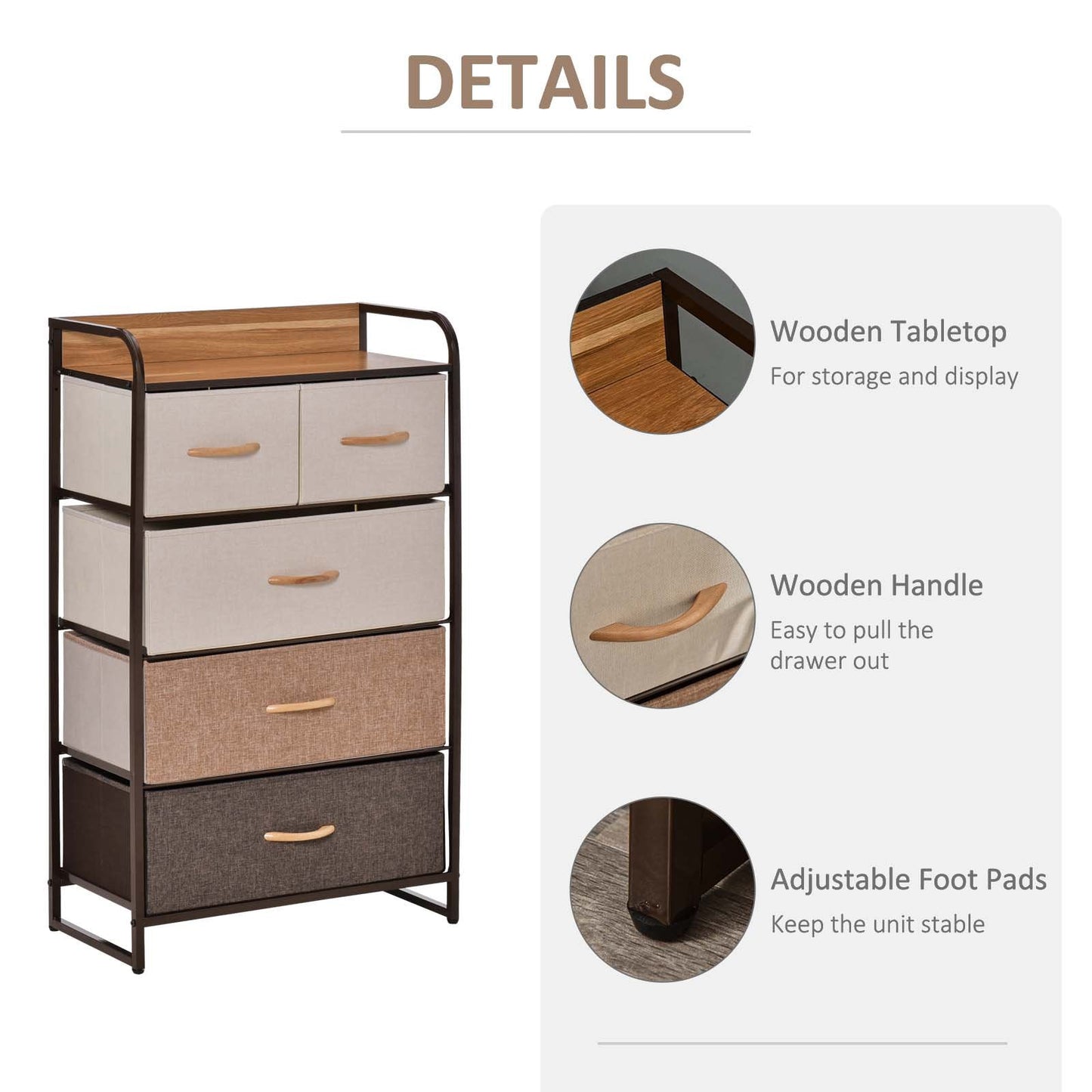 5-Drawer Dresser Tower Fabric Chest of Drawers with Steel Frame Wooden Top