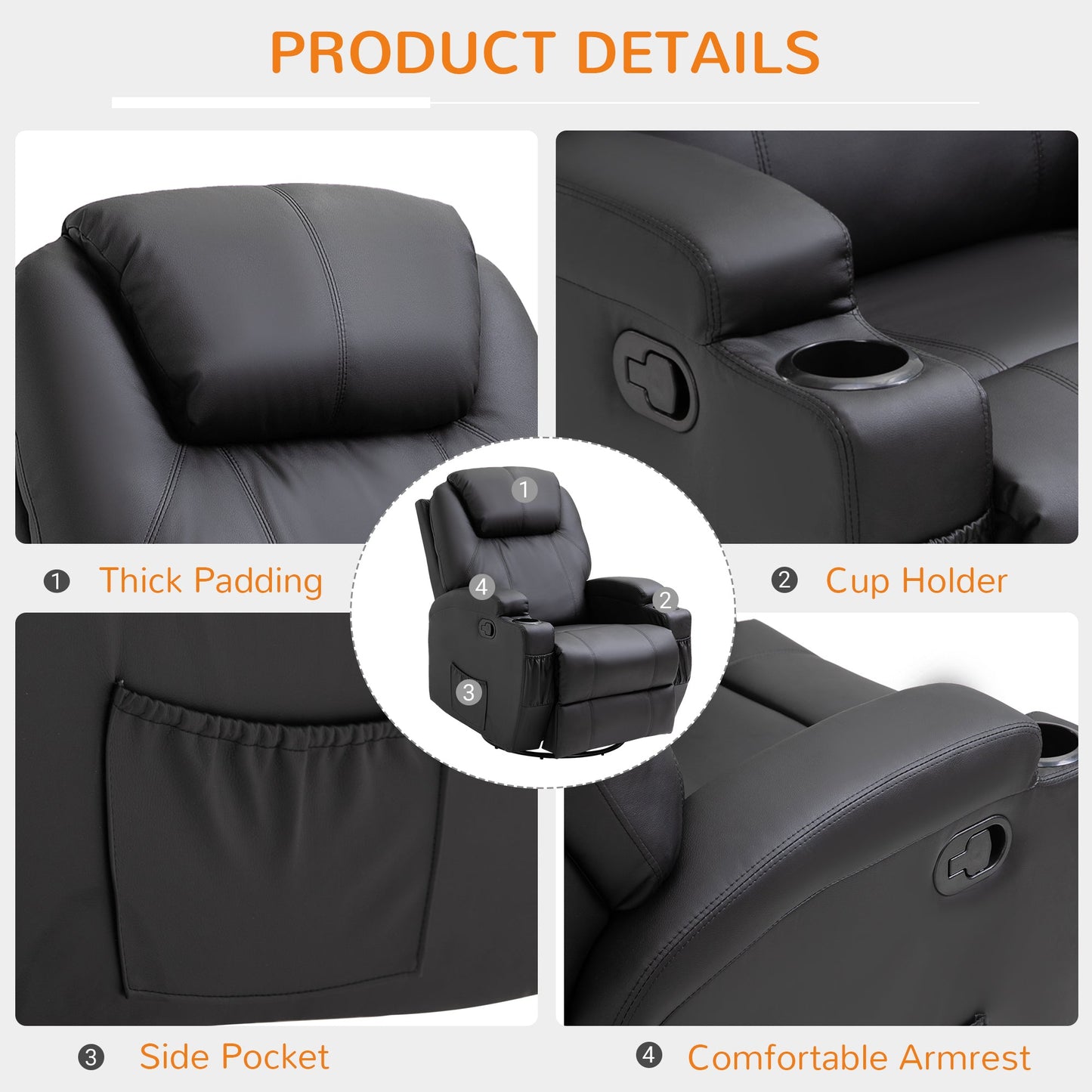 Recliner Armchair Massage Swivel PU Leather Reclining Chairs with Adjustable Leg Rest