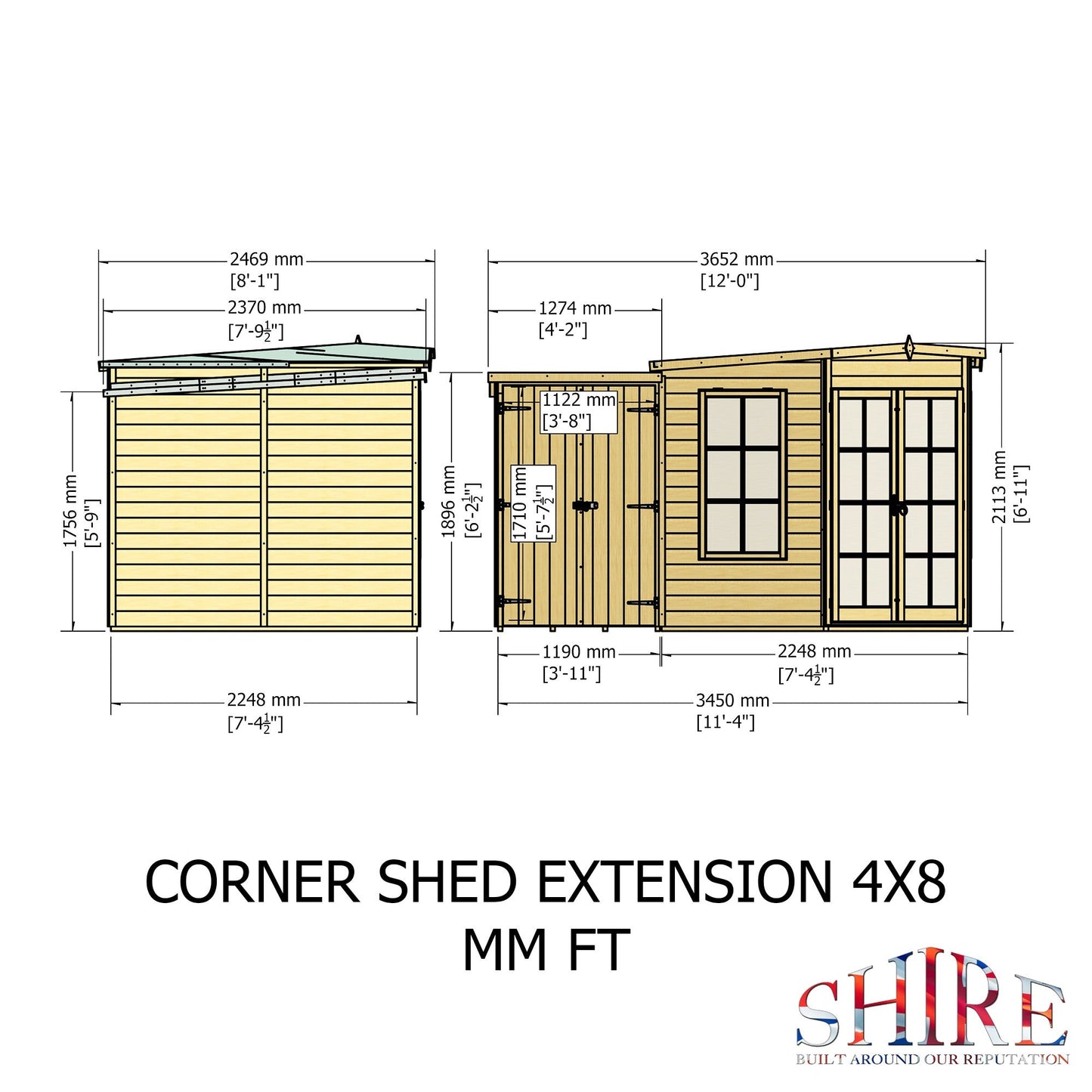 Shire Hampton 3' 10" x 7' 4" Pent Summerhouse with Side Shed - Premium Dip Treated Shiplap