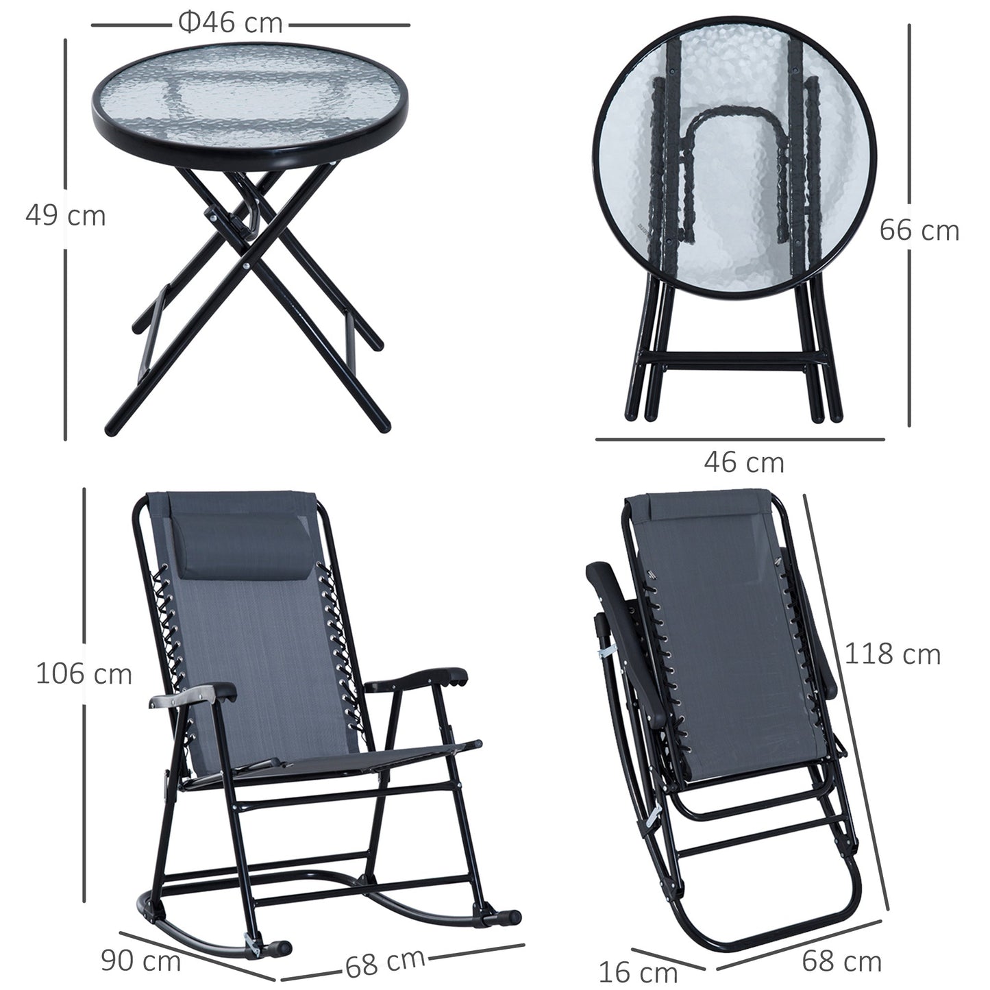 3-Piece Outdoor Rocking Set with 2 Folding Chairs and 1 Tempered Glass Table