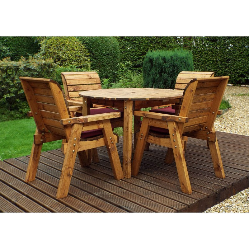 Scandinavian Redwood Garden Patio Dining Set by Charles Taylor - 4 Seats Burgundy Cushions