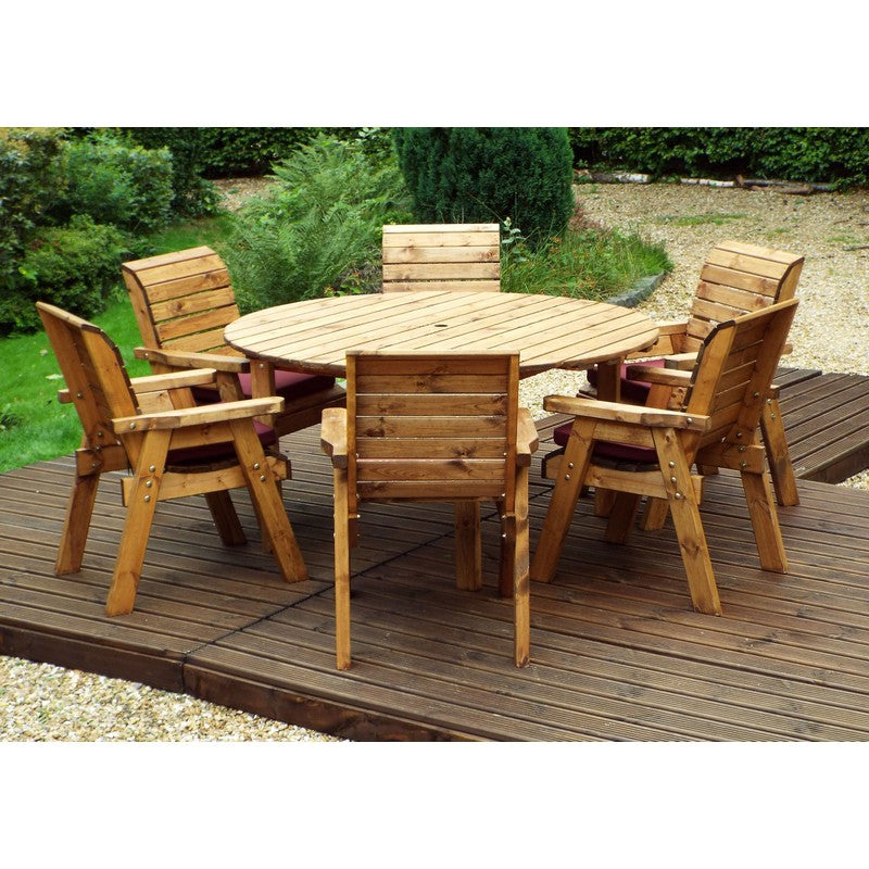 Scandinavian Redwood Garden Patio Dining Set by Charles Taylor - 6 Seats Burgundy Cushions