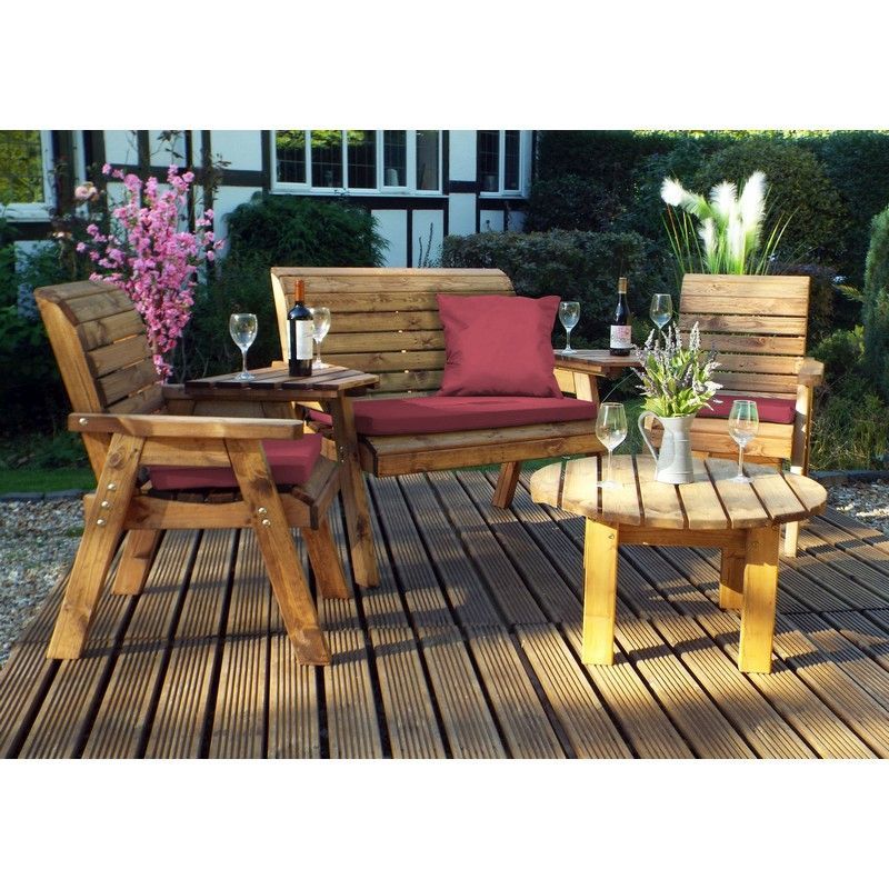 Scandinavian Redwood Garden Patio Dining Set by Charles Taylor - 4 Seats Burgundy Cushions