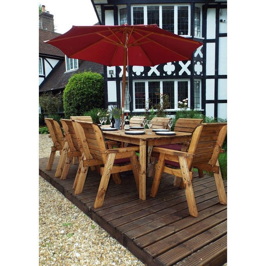 Scandinavian Redwood Garden Patio Dining Set by Charles Taylor - 8 Seats Burgundy Cushions