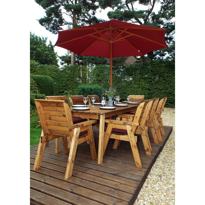 Scandinavian Redwood Garden Patio Dining Set by Charles Taylor - 8 Seats Burgundy Cushions