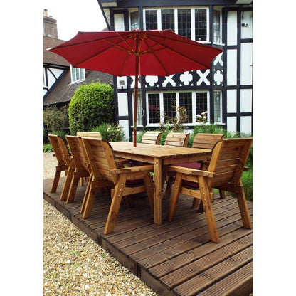 Scandinavian Redwood Garden Patio Dining Set by Charles Taylor - 8 Seats Burgundy Cushions