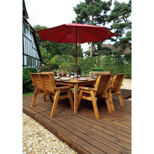 Scandinavian Redwood Garden Patio Dining Set by Charles Taylor - 8 Seats Burgundy Cushions