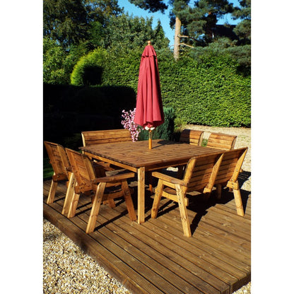 Scandinavian Redwood Garden Patio Dining Set by Charles Taylor - 8 Seats Burgundy Cushions