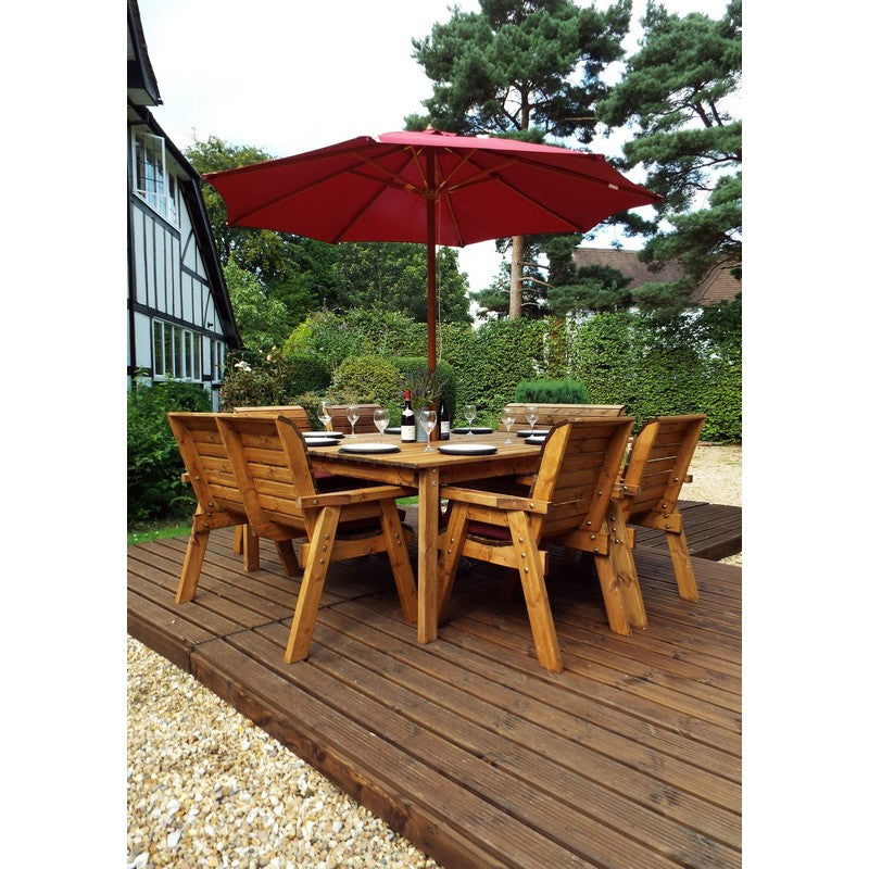 Scandinavian Redwood Garden Patio Dining Set by Charles Taylor - 8 Seats Burgundy Cushions