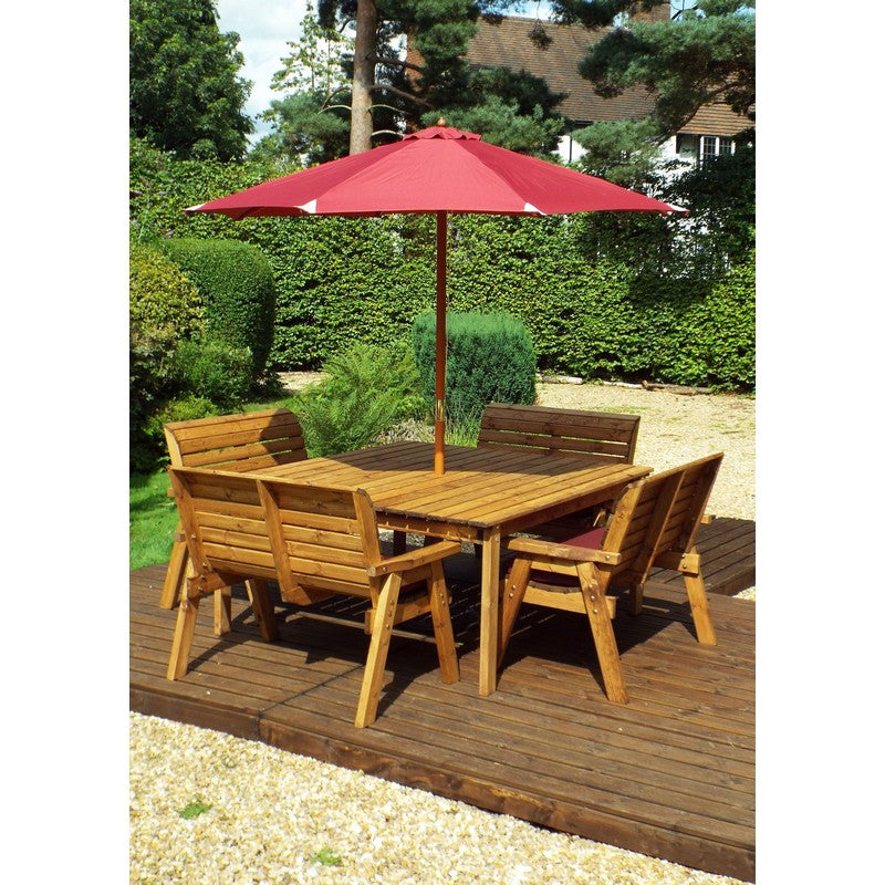 Scandinavian Redwood Garden Patio Dining Set by Charles Taylor - 8 Seats Burgundy Cushions