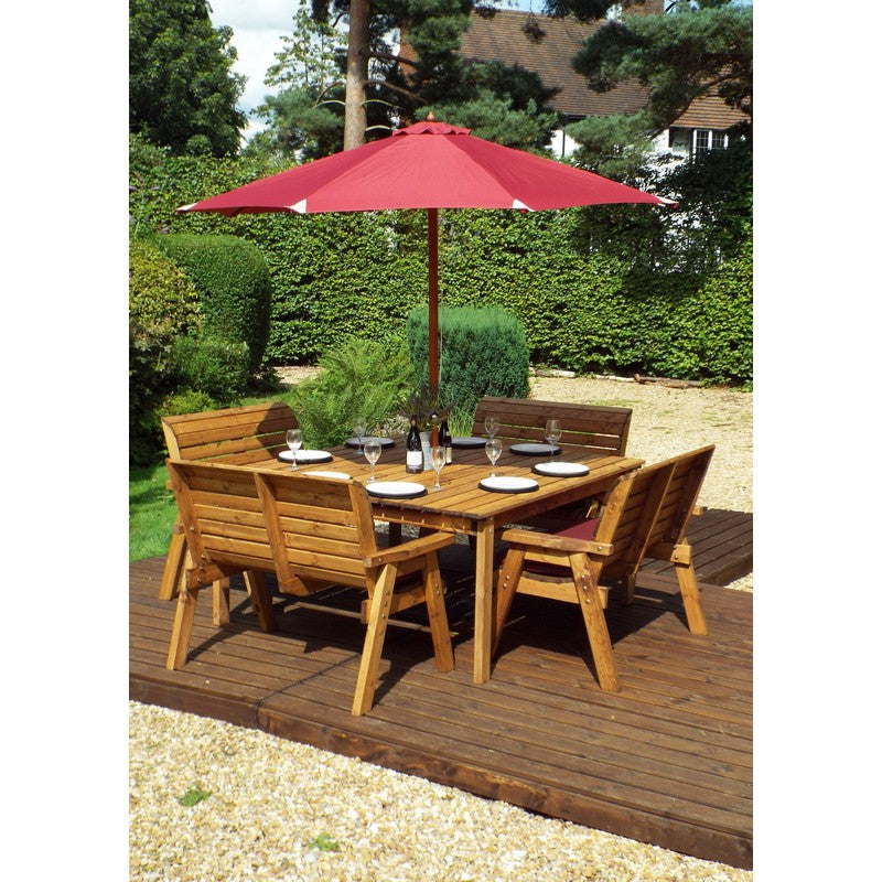 Scandinavian Redwood Garden Patio Dining Set by Charles Taylor - 8 Seats Burgundy Cushions