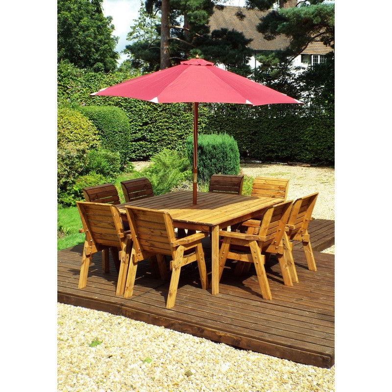 Scandinavian Redwood Garden Patio Dining Set by Charles Taylor - 8 Seats Burgundy Cushions