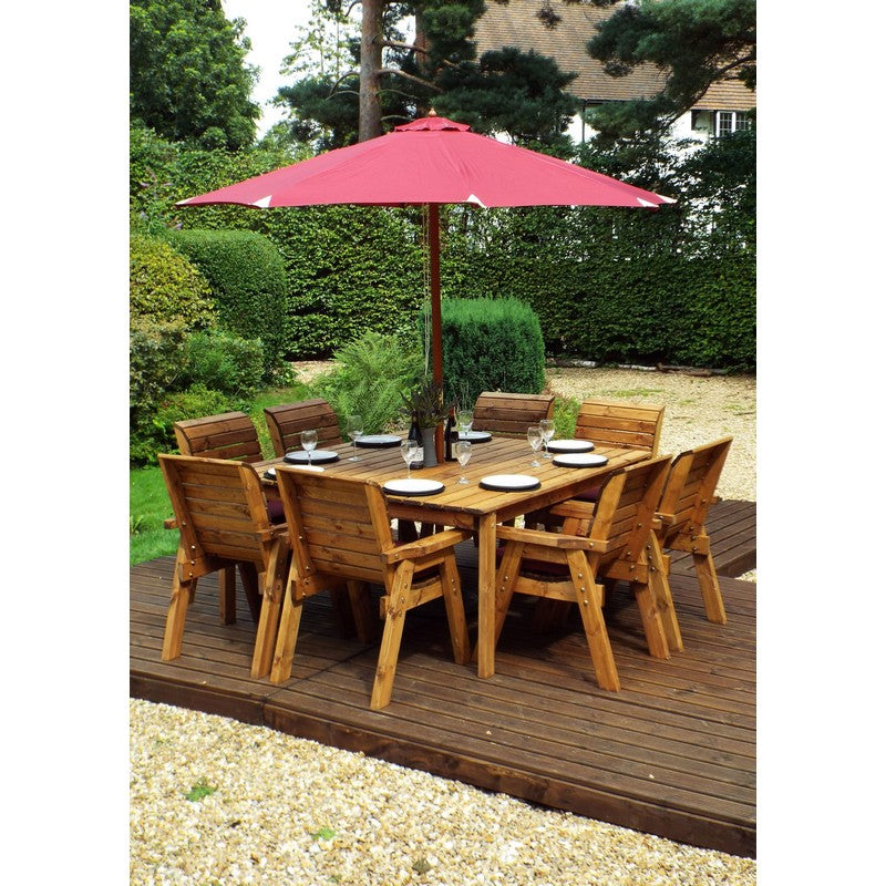 Scandinavian Redwood Garden Patio Dining Set by Charles Taylor - 8 Seats Burgundy Cushions