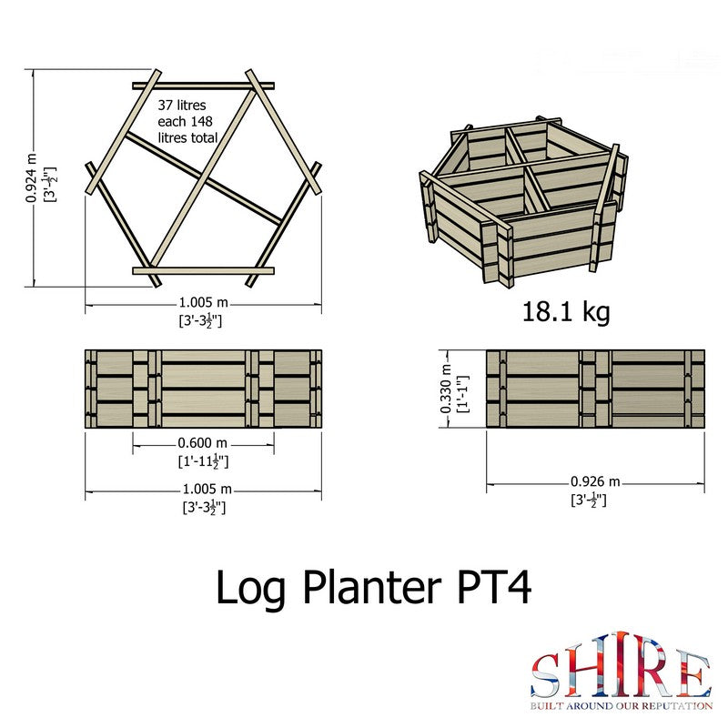 Garden Planter Hexagonal Larch 4 Section Blue Grey by Shire - 1m