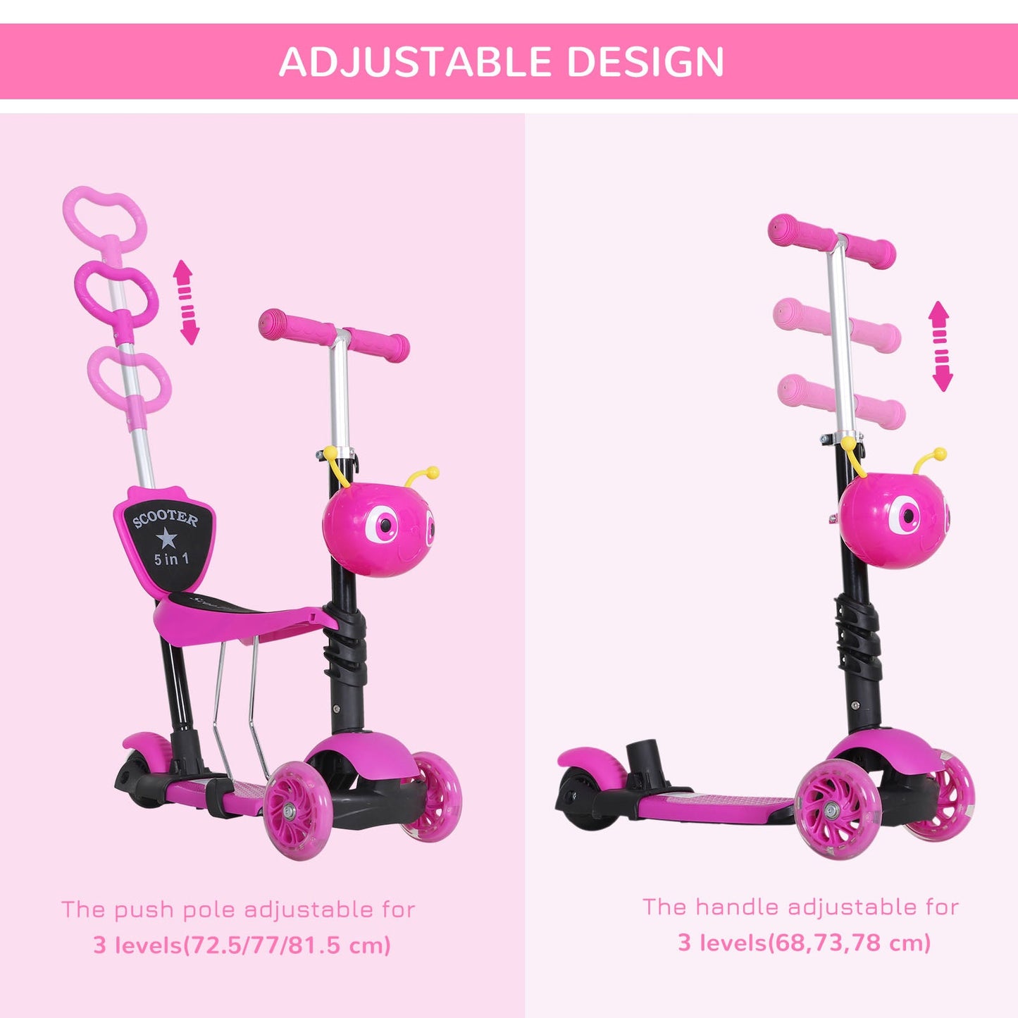 5-in-1 Kids Kick Scooter W/Removable Seat-Pink