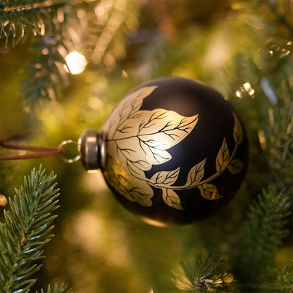 12 x Christmas Tree Baubles Decoration Black & Gold with Glitter Pattern - 8cm Industrial by Wensum