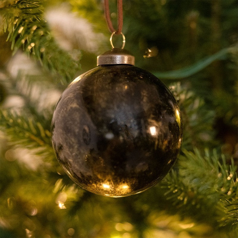 12 x Christmas Tree Baubles Decoration Black & Gold with Glitter Pattern - 8cm Industrial by Wensum