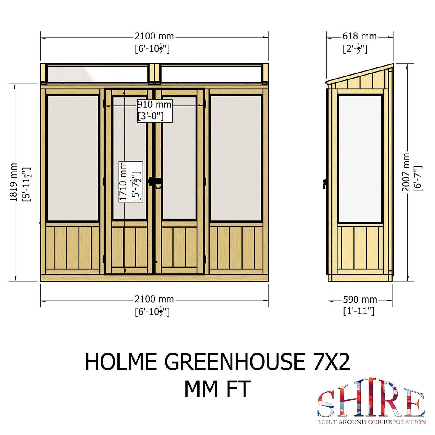 Shire Holme 1' 11" x 6' 10" Pent Greenhouse - Classic Coated