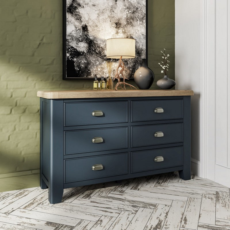 Bondi Large Chest of Drawers Oak Blue 6 Drawers