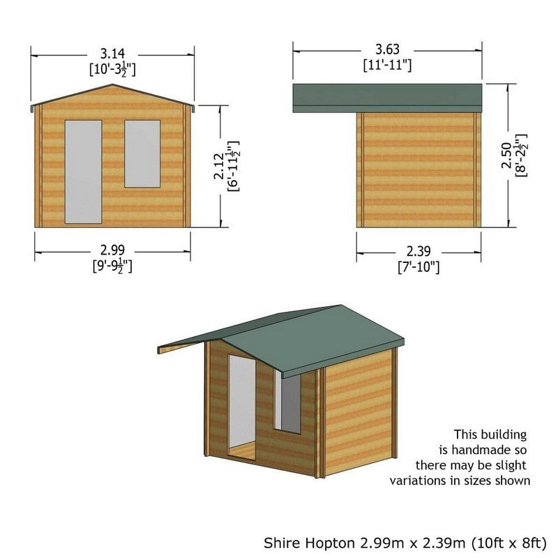 Shire Hopton 9' 9" x 7' 10" Apex Log Cabin - Premium 44mm Cladding Tongue & Groove