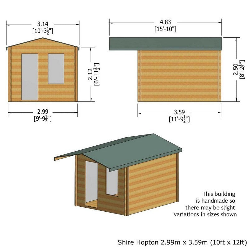 Shire Hopton 9' 9" x 11' 9" Apex Log Cabin - Premium 70mm Cladding Tongue & Groove