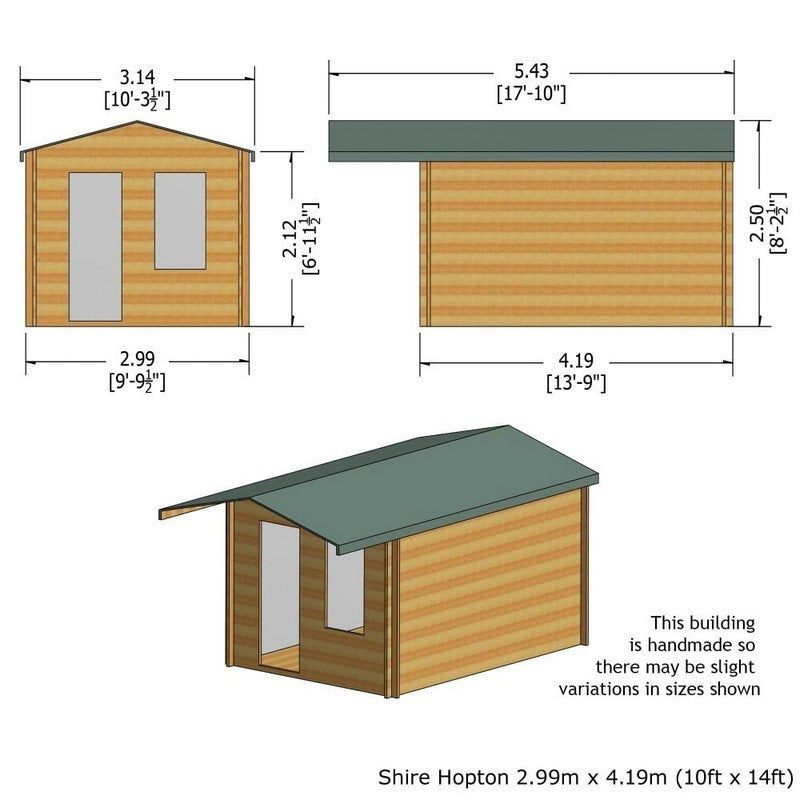 Shire Hopton 9' 9" x 13' 8" Apex Log Cabin - Premium 34mm Cladding Tongue & Groove