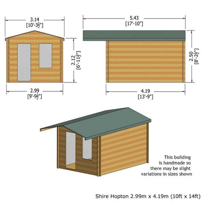 Shire Hopton 9' 9" x 13' 8" Apex Log Cabin - Premium 34mm Cladding Tongue & Groove