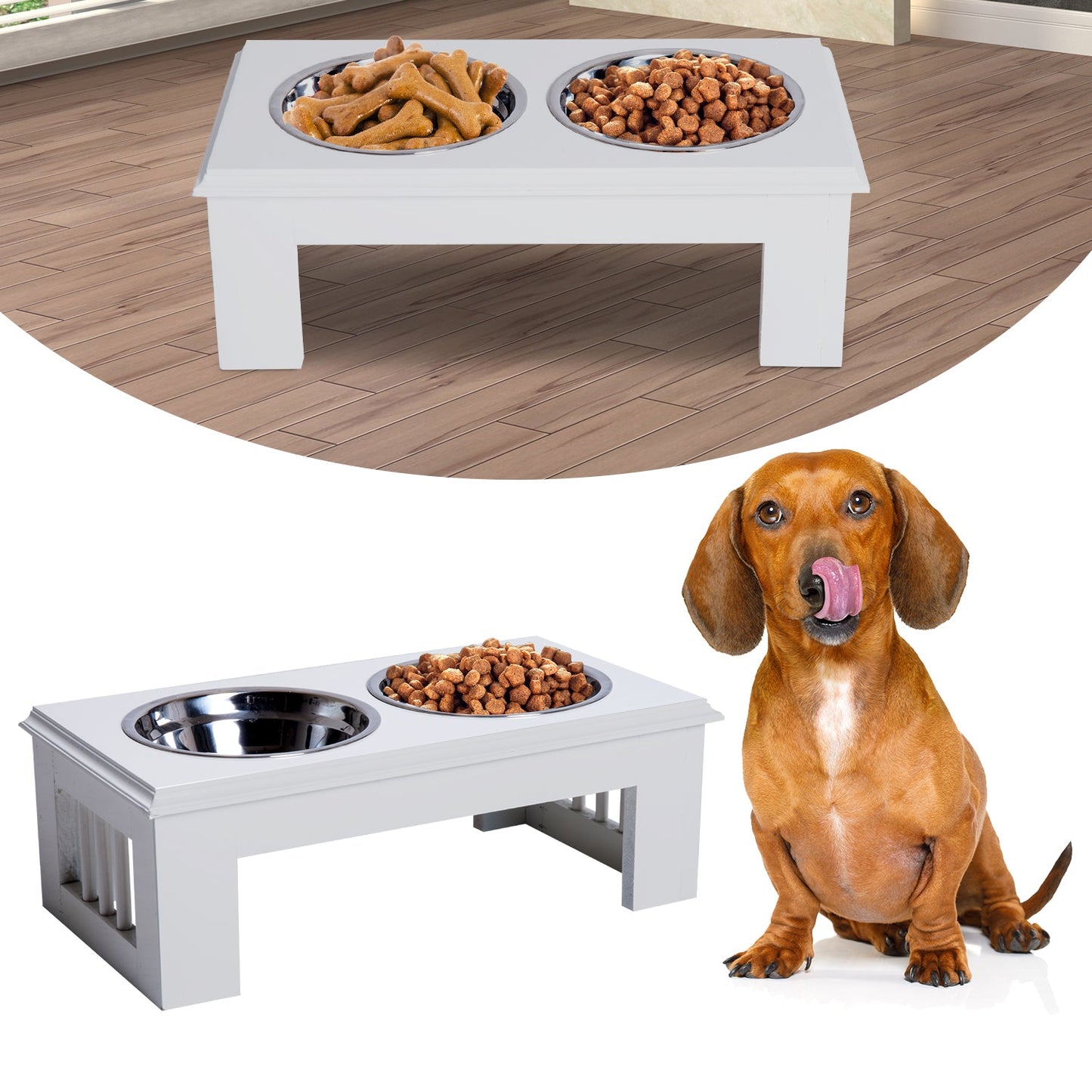 PawHut Stainless Steel Raised Dog Feeding Bowls with Stand Elevated Twin Pet Bowls Water Food Feeder 43.7L x 24W x 15H cm - White