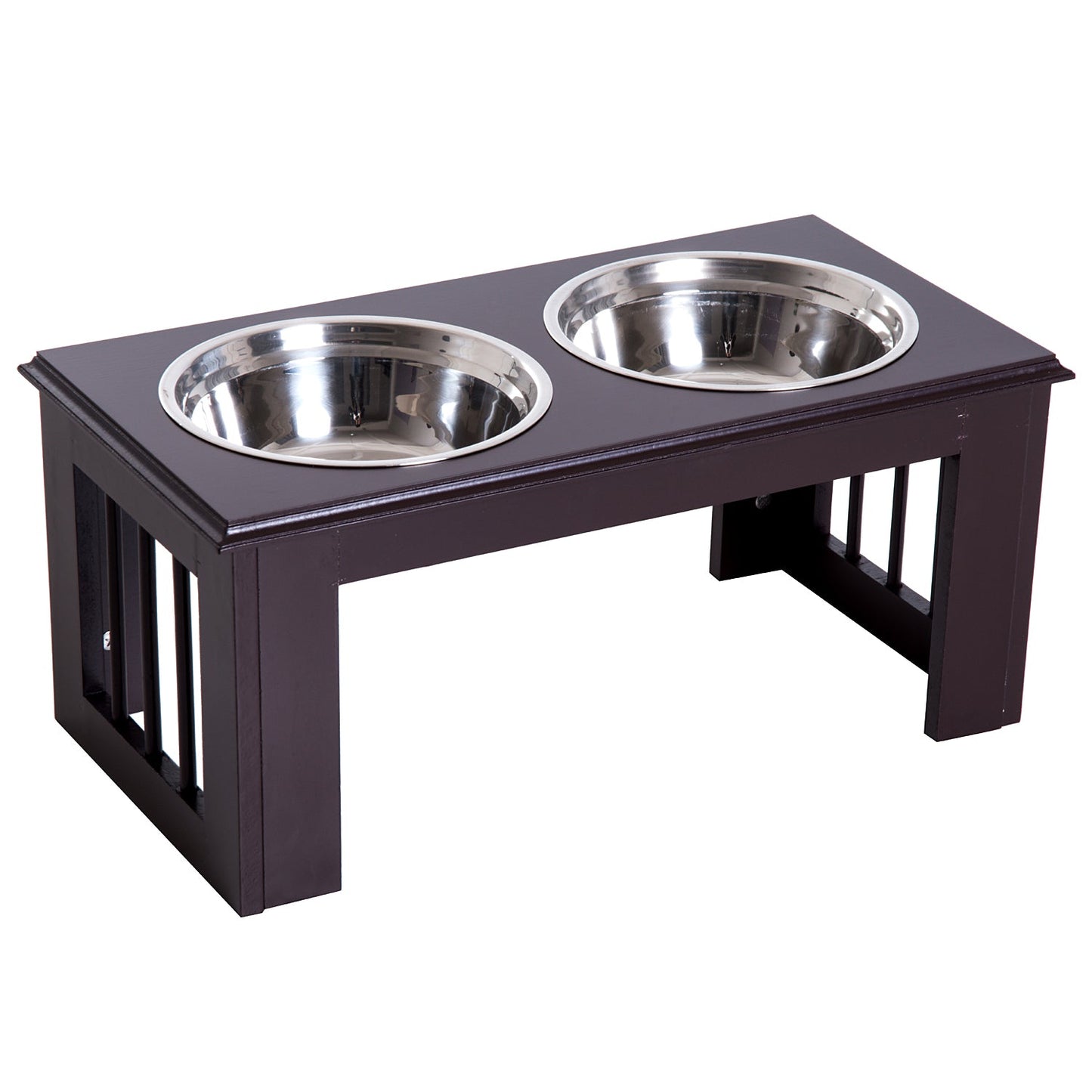 PawHut Stainless Steel Raised Dog Feeding Bowls with Stand for Small Medium Dogs Elevated Twin Pet Bowls Water Food Feeder 58.4L x 30.5W x 25.4H cm - Brown