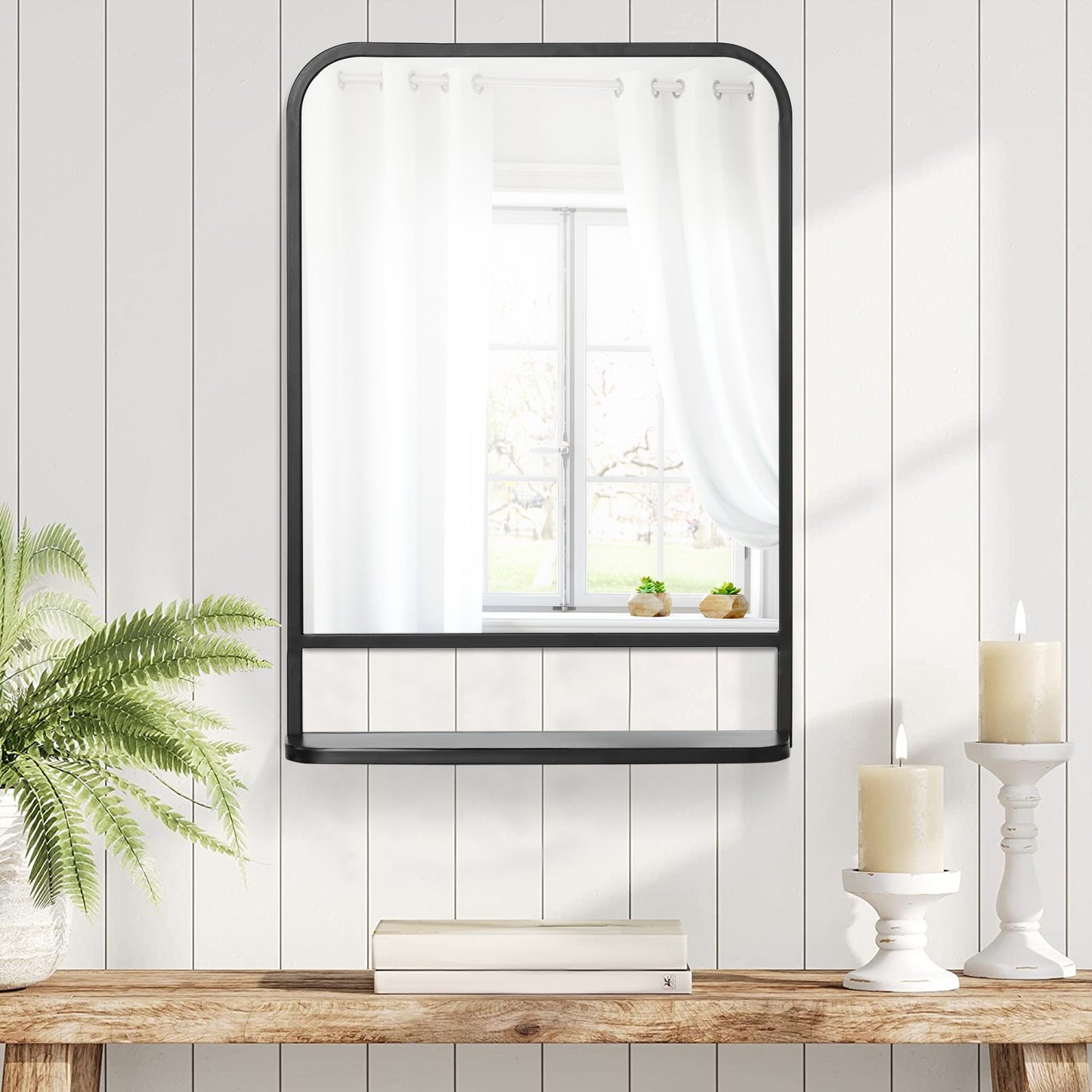 Modern Square Wall Mirror with Storage Shelf