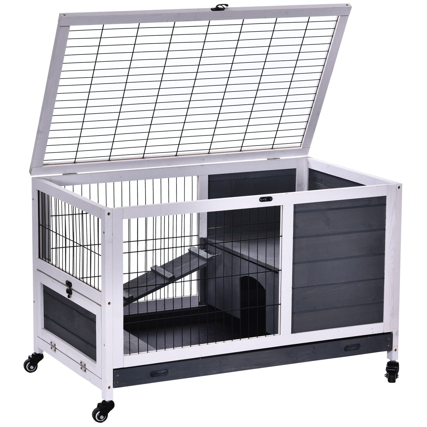 PawHut Rabbits Indoor Fir Wood Lift-Top Hutch-Grey and White