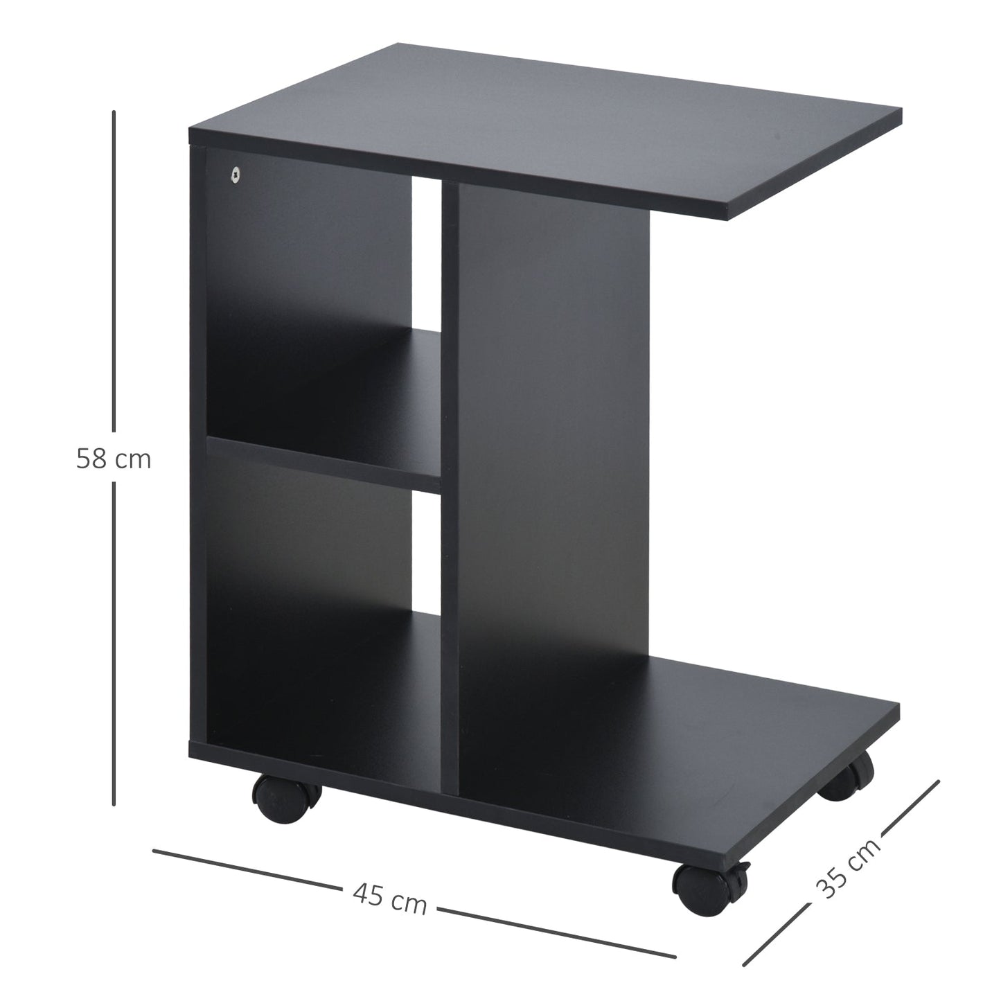 C-Shape End Table Unique Storage Unit w/ 2 Shelves 4 Wheels Freestanding Home Office Furniture Cabinet Square Studio Black