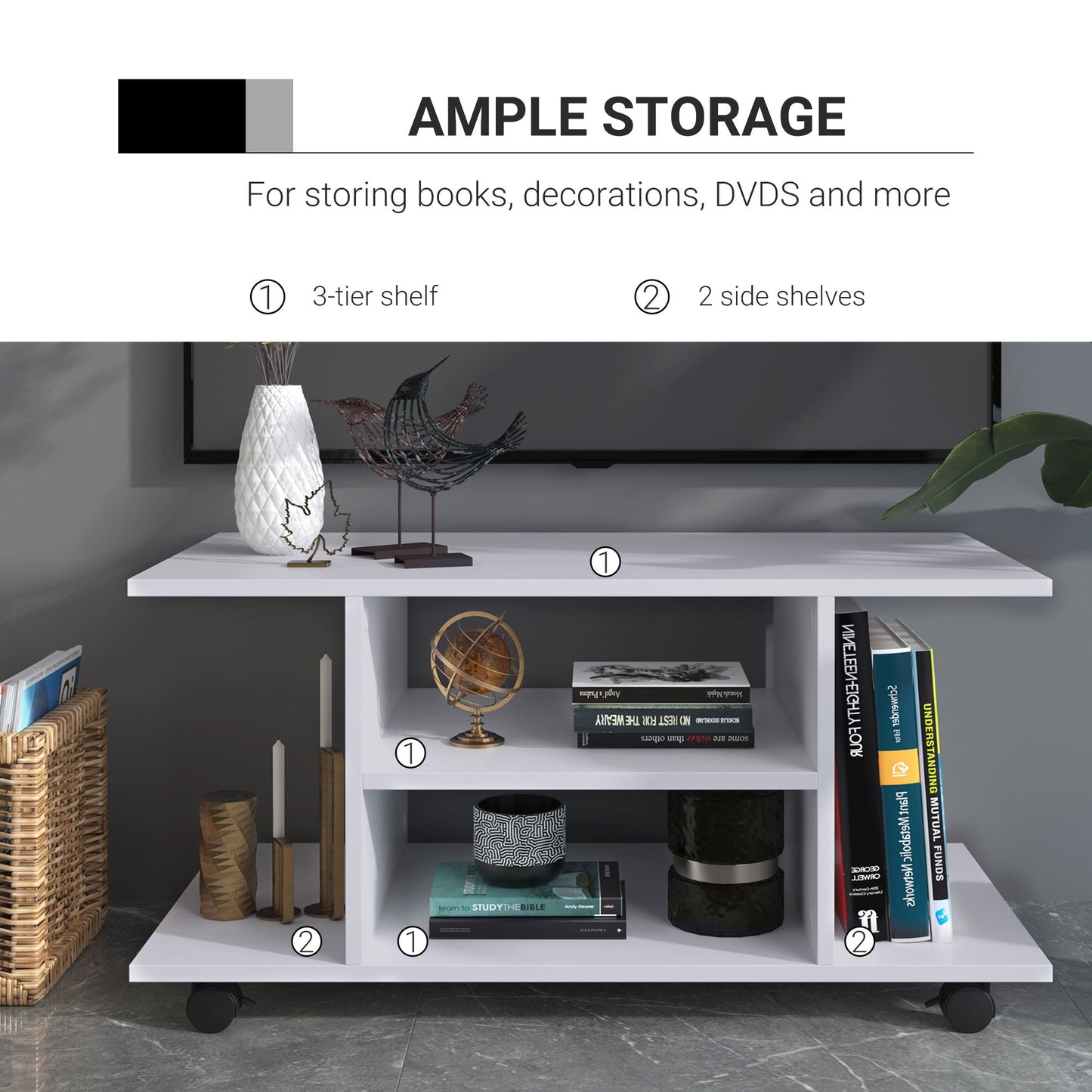 Homcom Modern TV Cabinet Stand Storage Shelves Table Mobile Bedroom Furniture Bookshelf Bookcase White New