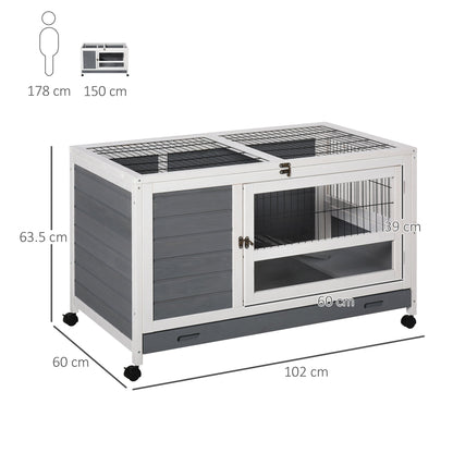 PawHut Wooden Rabbit Hutch Elevated Pet Bunny House Rabbit Cage with Slide-Out Tray Indoor Grey