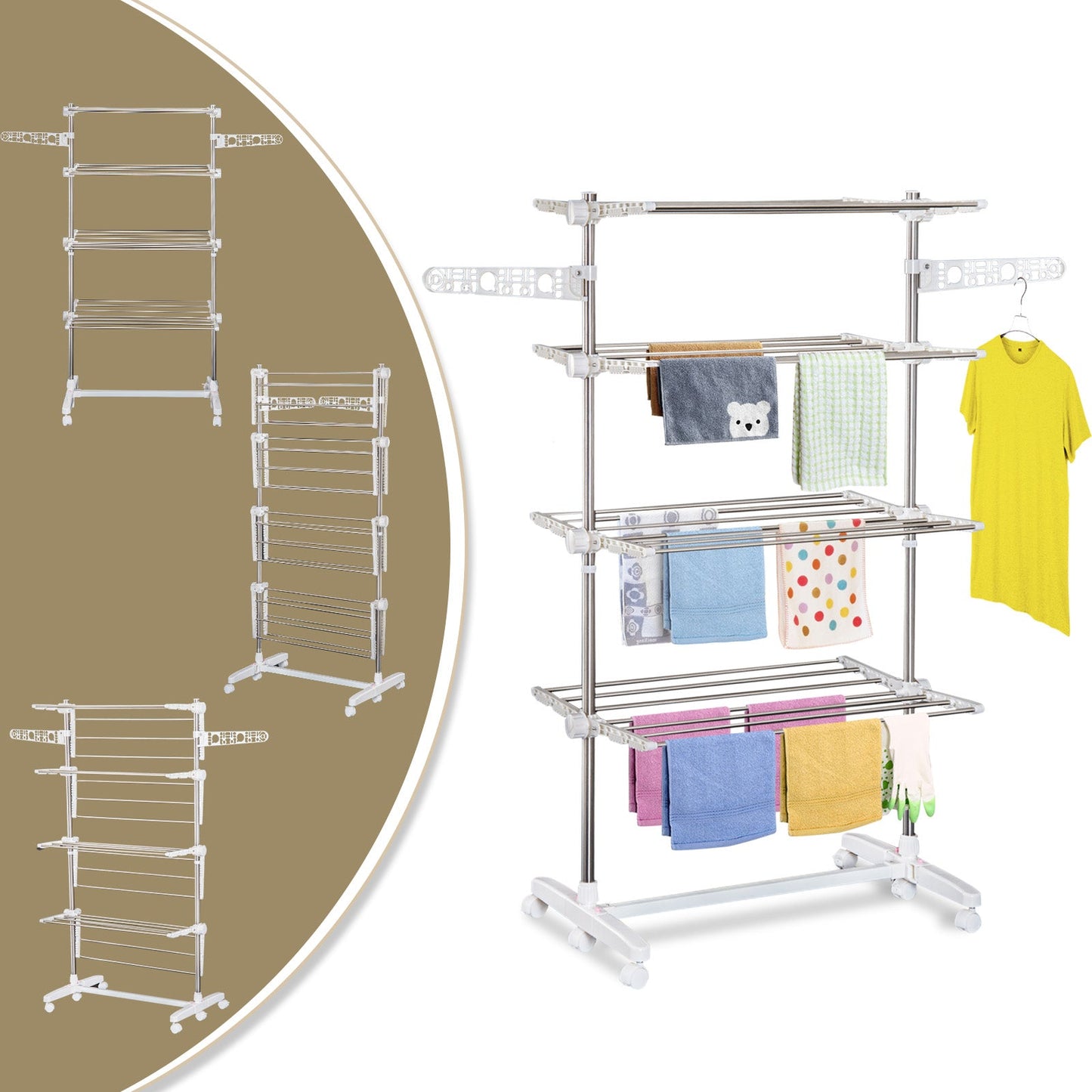 Folding Cloth Rail Adjustable Garment Rack With Wheels 4 Layer