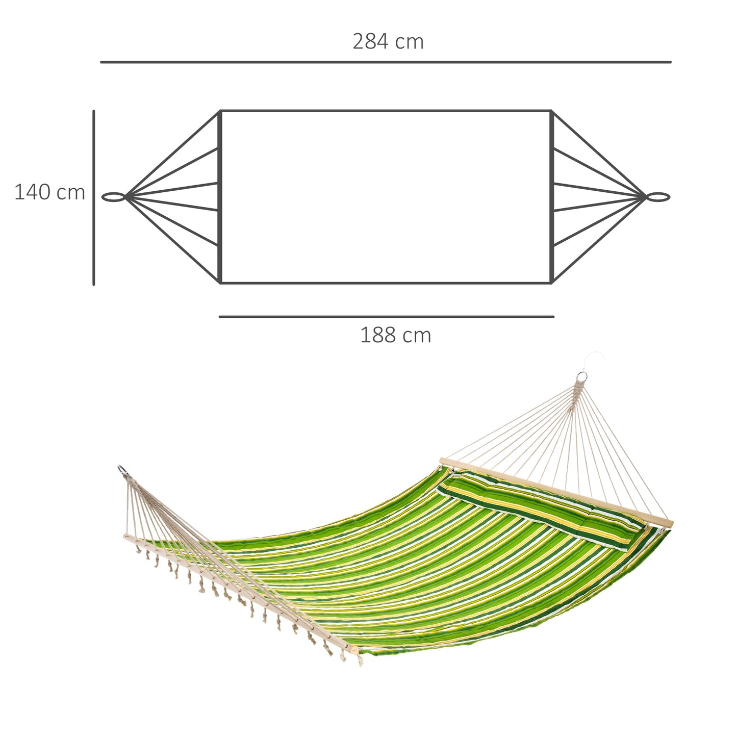 Outsunny Double Cotton Hammock Camping Swing Outdoor Garden Beach Stripe Hanging Bed With Pillow 188L X 140W (cm) Green