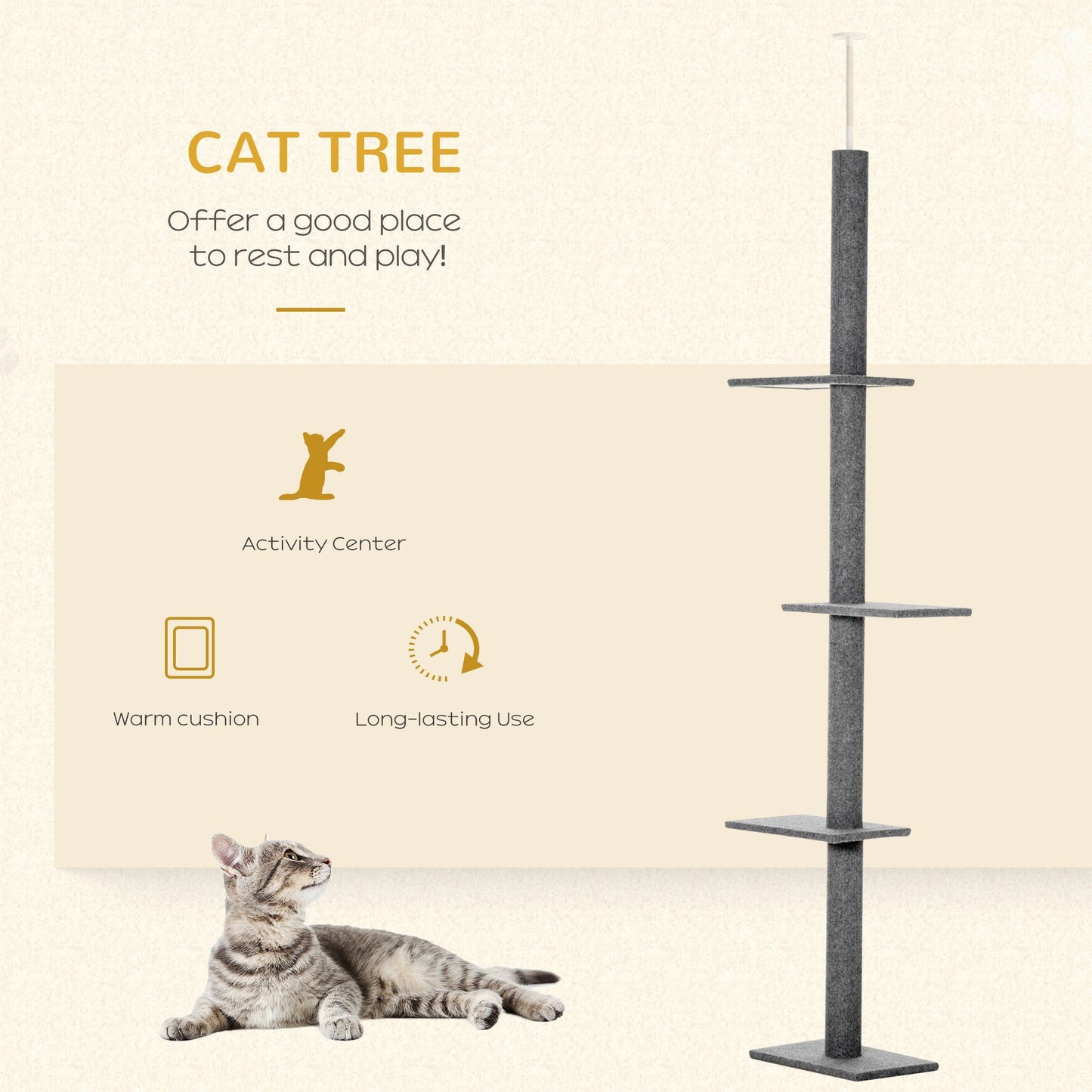 PawHut 260cm Floor To Ceiling Cat Tree Activity Center w/3 Perches Kitten Grey