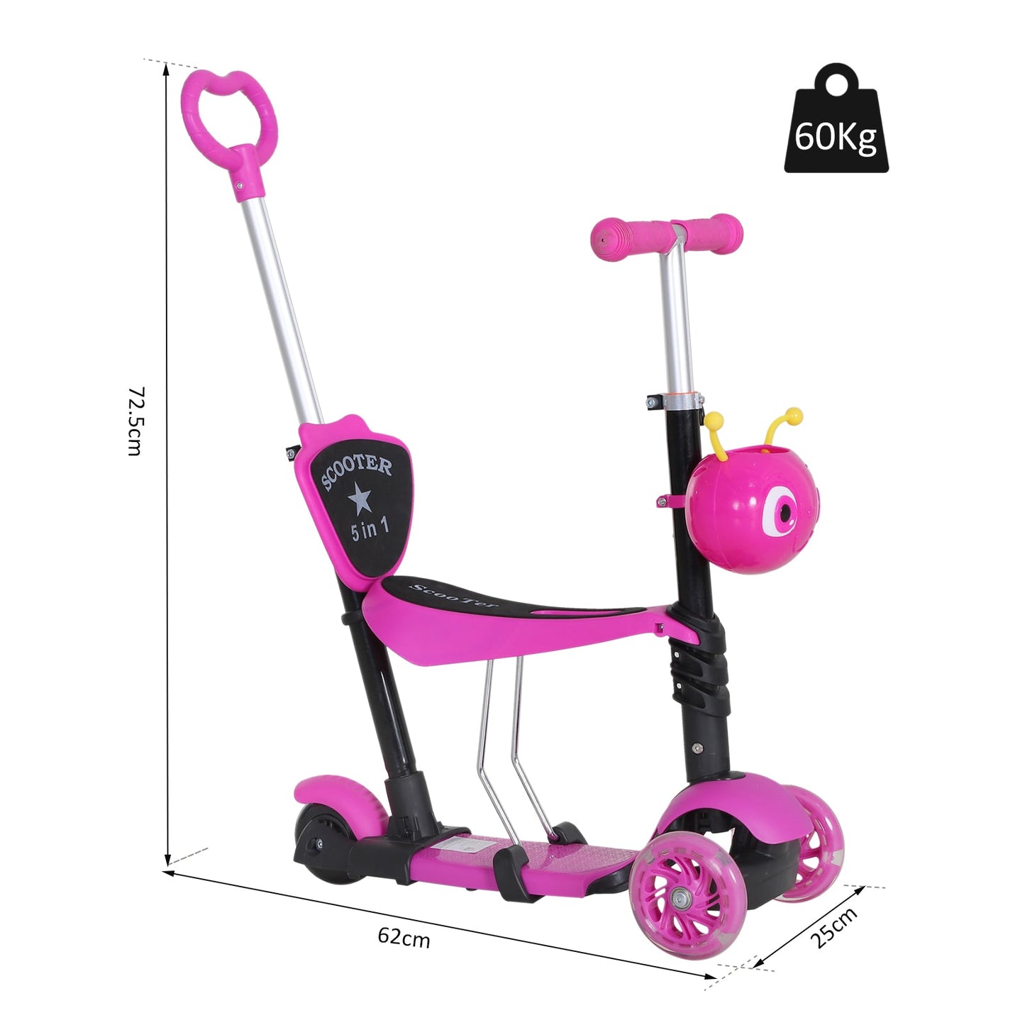 5-in-1 Kids Kick Scooter W/Removable Seat-Pink