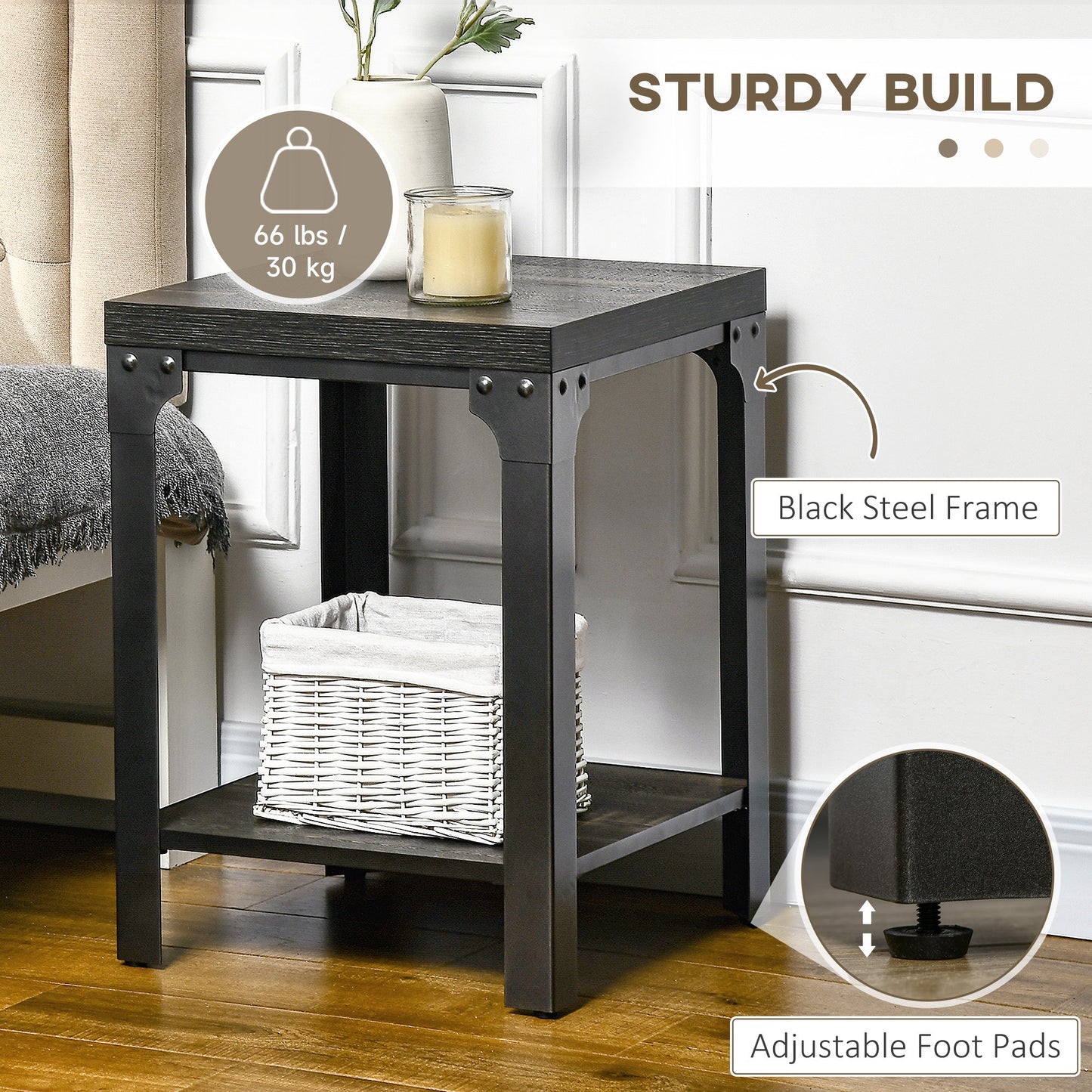 Industrial Side Table Set of 2 with Storage Shelf