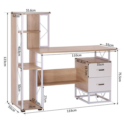 Computer Desk with Drawers and Bookshelf