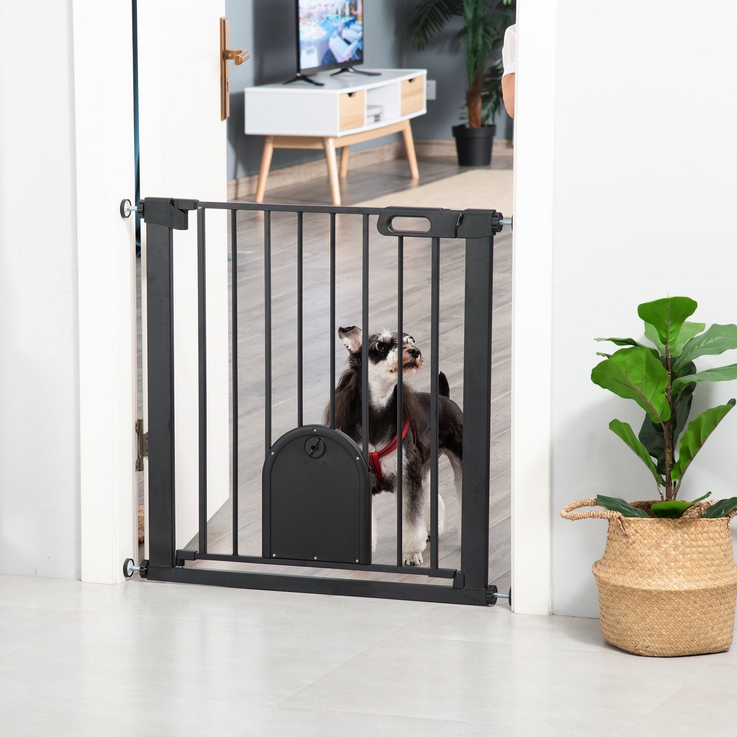 PawHut Dog Gate with Cat Flap Pet Safety Gate Barrier