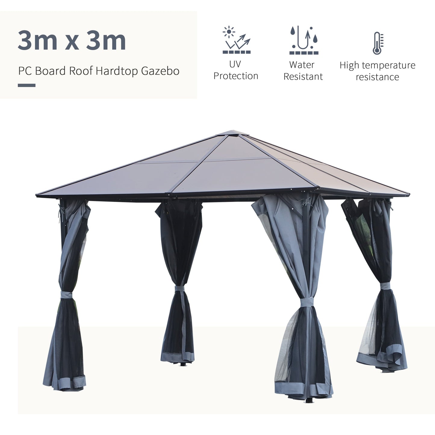 3m x 3m Hardtop Metal Frame Mesh Draped Gazebo Black