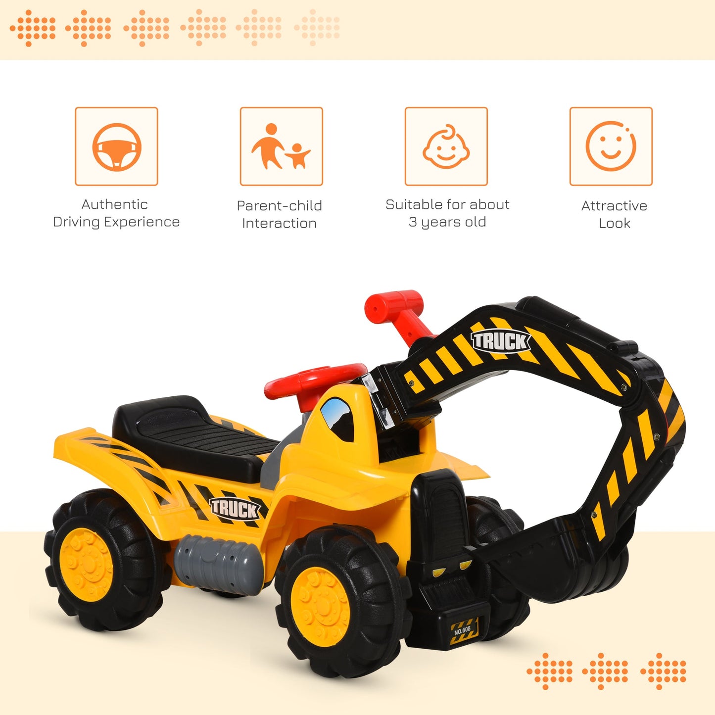 Kids Ride On Excavator Digger w/ Storage Basketball Net Steering NO POWER Wheel Vehicle Truck Toy