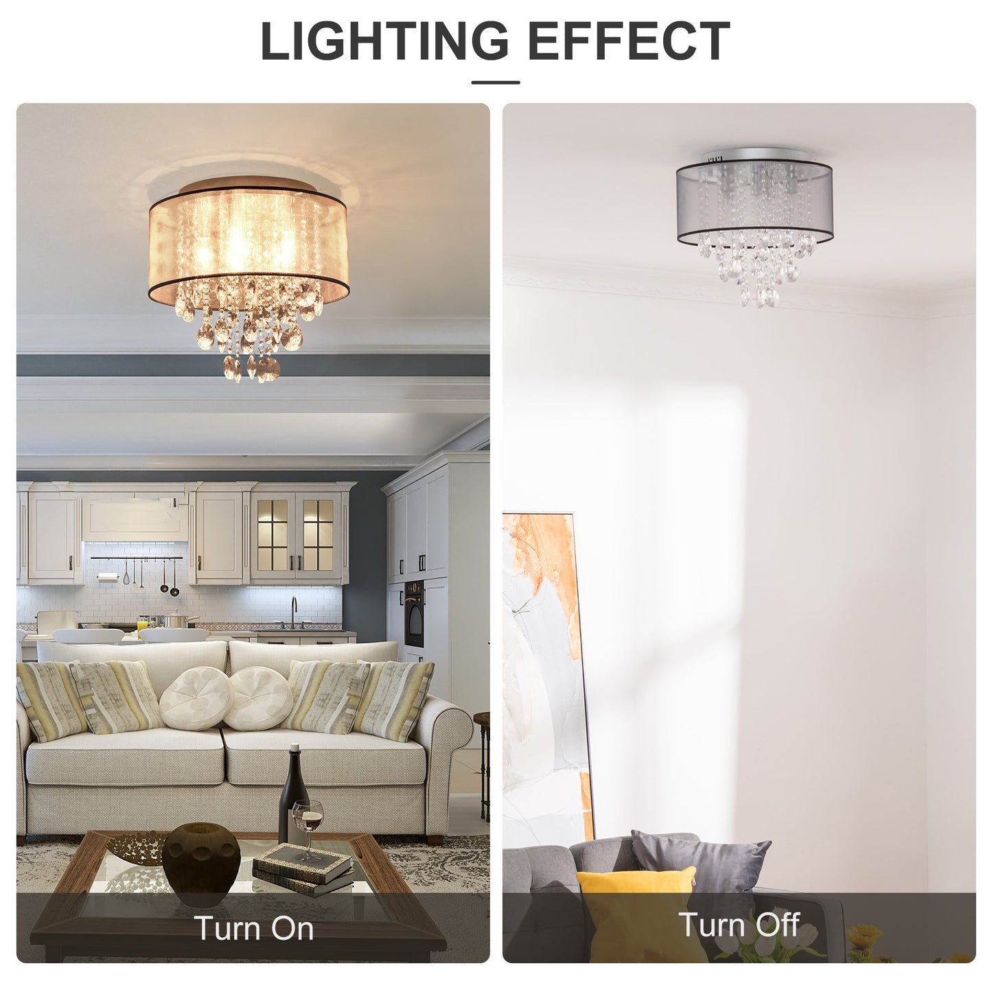 Modern Crystal Chandelier Flush Mount Ceiling Light with Drum Shade for Living Room Bedroom Dining Room Silver