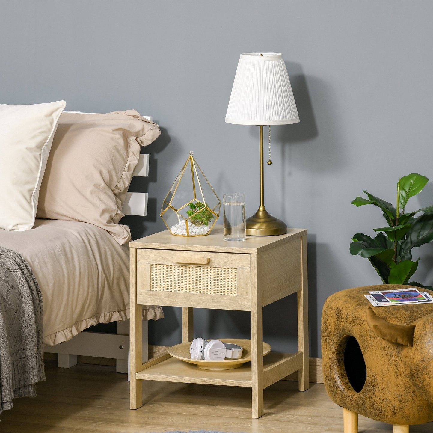 Nightstand with Rattan Drawer and Storage Shelf