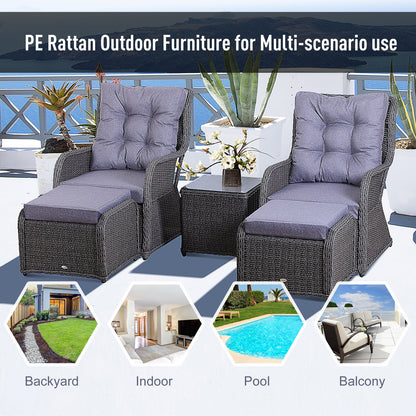 5-Piece Deluxe Garden Rattan Furniture Sofa Chair & Stool Table Set Patio Wicker Weave Furniture Set Aluminium Frame Fully-assembly - Grey