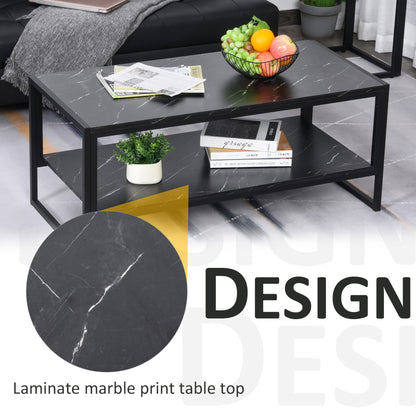 Two-Tier Laminate Marble Print Table Top Coffee Table w/ Metal Frame Foot Pads Elegant Modern Style 2 Shelves Home Display Storage Unit Living Room